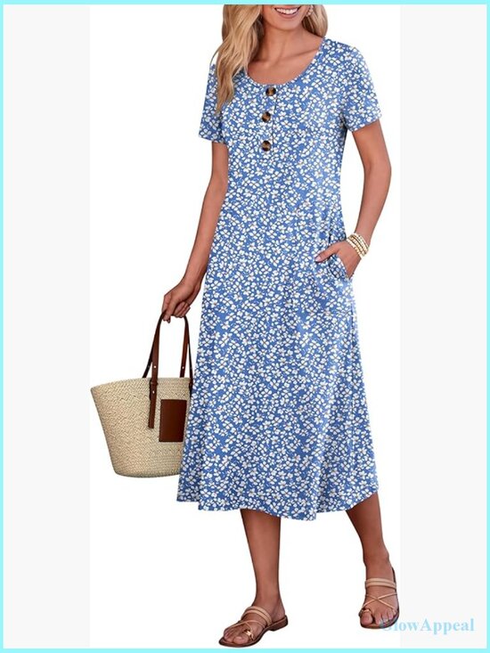 Dresses & Skirts - Summer Midi Dress Short Sleeve Button Up Crewneck Loose With Pockets